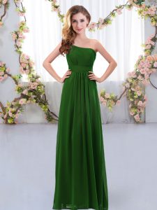 Sumptuous Dark Green Empire Chiffon One Shoulder Sleeveless Ruching Floor Length Zipper Court Dresses for Sweet 16
