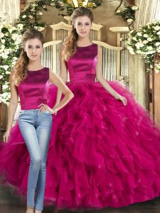 Attractive Fuchsia Lace Up Scoop Ruffles Quince Ball Gowns Tulle Sleeveless