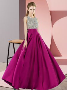 Fashionable Elastic Woven Satin Scoop Sleeveless Backless Beading Evening Dress in Fuchsia