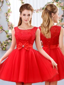 High End Sleeveless Mini Length Lace and Bowknot Lace Up Quinceanera Court of Honor Dress with Red