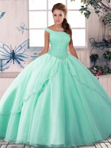 Great Apple Green Tulle Lace Up Sweet 16 Quinceanera Dress Sleeveless Brush Train Beading