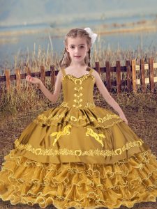  Floor Length Ball Gowns Sleeveless Gold Little Girl Pageant Gowns Lace Up