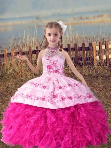 Unique Sleeveless Beading and Embroidery and Ruffles Lace Up Little Girl Pageant Dress