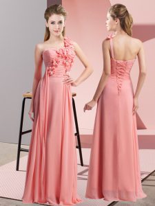 Flirting Watermelon Red Chiffon Lace Up Court Dresses for Sweet 16 Sleeveless Floor Length Hand Made Flower