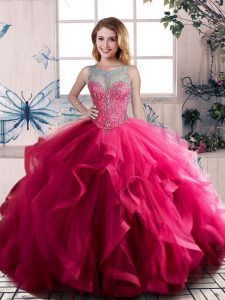 Dynamic Fuchsia Tulle Lace Up Quinceanera Dress Sleeveless Floor Length Beading and Ruffles