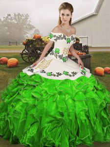  Green Organza Lace Up Vestidos de Quinceanera Sleeveless Floor Length Embroidery and Ruffles
