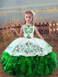  Organza Scoop Sleeveless Lace Up Embroidery and Ruffles Kids Pageant Dress in Green