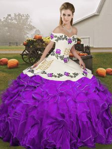  White And Purple Off The Shoulder Lace Up Embroidery and Ruffles Quinceanera Gowns Sleeveless