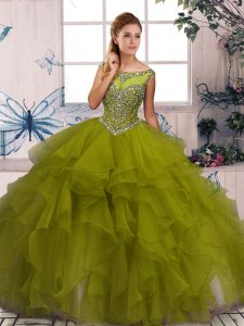 Nice Floor Length Zipper Quinceanera Gown Olive Green for Military Ball and Sweet 16 and Quinceanera with Beading and Ruffles