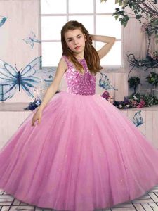  Tulle Scoop Sleeveless Lace Up Beading Pageant Gowns For Girls in Lilac