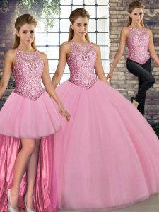 Modest Pink Scoop Neckline Embroidery Sweet 16 Quinceanera Dress Sleeveless Lace Up