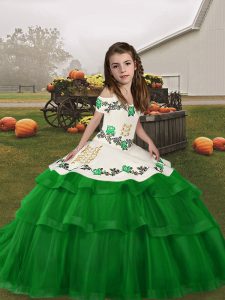 High End Sleeveless Lace Up Floor Length Embroidery and Ruffled Layers Kids Pageant Dress