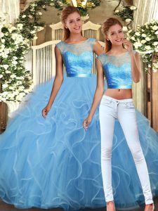 Dynamic Baby Blue Tulle Backless Scoop Sleeveless Floor Length Sweet 16 Quinceanera Dress Lace and Ruffles