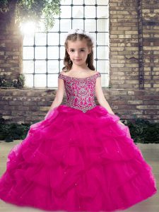  Fuchsia Off The Shoulder Lace Up Beading and Pick Ups Pageant Gowns For Girls Sleeveless