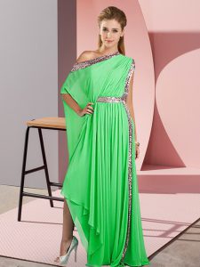 Shining Green Empire One Shoulder Sleeveless Chiffon Asymmetrical Side Zipper Sequins Dress for Prom