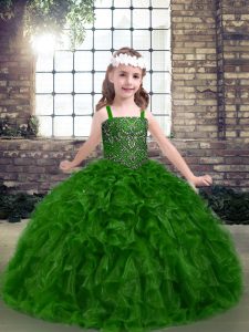  Green Organza Lace Up Straps Sleeveless Floor Length Girls Pageant Dresses Beading