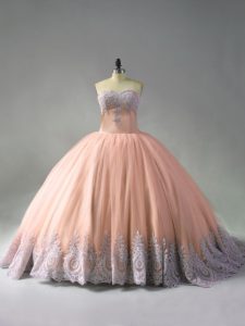 Eye-catching Peach Ball Gowns Tulle Sweetheart Sleeveless Beading and Appliques Lace Up Quinceanera Gowns Court Train