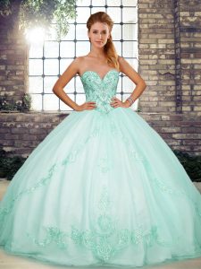 Comfortable Apple Green Ball Gowns Beading and Embroidery 15th Birthday Dress Lace Up Tulle Sleeveless Floor Length