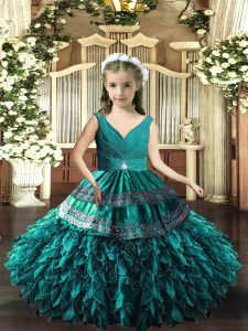  Teal Sleeveless Floor Length Beading and Appliques and Ruffles Backless Pageant Gowns For Girls