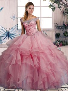Perfect Floor Length Watermelon Red Quince Ball Gowns Off The Shoulder Sleeveless Lace Up
