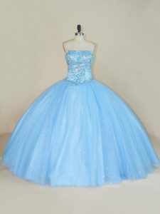  Beading Quince Ball Gowns Blue Lace Up Sleeveless Floor Length