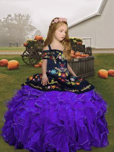 Stylish Purple Ball Gowns Organza Straps Sleeveless Embroidery and Ruffles Floor Length Lace Up Little Girls Pageant Dress Wholesale