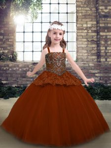 Low Price Rust Red Sleeveless Tulle Lace Up Little Girl Pageant Dress for Party and Military Ball and Wedding Party