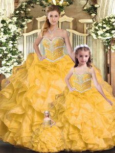 Sumptuous Floor Length Ball Gowns Sleeveless Gold Sweet 16 Dress Lace Up