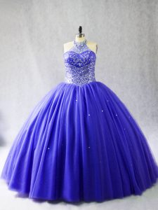 Colorful Halter Top Sleeveless Tulle Quinceanera Gowns Beading Brush Train Lace Up