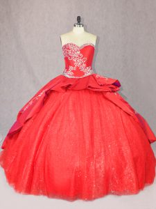  Red Lace Up Quinceanera Gowns Embroidery Sleeveless Floor Length Court Train