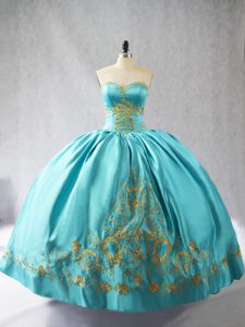 Luxury Aqua Blue Ball Gowns Embroidery Sweet 16 Dresses Lace Up Satin Sleeveless Floor Length