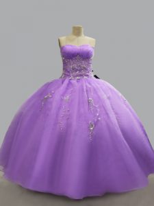 Simple Floor Length Lace Up Quinceanera Dress Lavender for Sweet 16 and Quinceanera with Beading