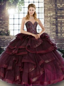 New Arrival Sweetheart Sleeveless Quince Ball Gowns Floor Length Beading and Ruffles Burgundy Tulle