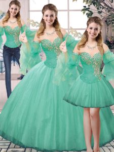  Beading Ball Gown Prom Dress Turquoise Lace Up Sleeveless Floor Length