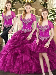 Luxurious Fuchsia Sweet 16 Quinceanera Dress Military Ball and Sweet 16 and Quinceanera with Beading and Ruffles and Pick Ups Sweetheart Sleeveless Lace Up