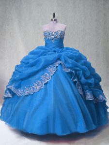  Blue Organza Lace Up Quinceanera Dress Sleeveless Floor Length Beading and Appliques and Pick Ups