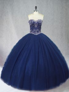  Navy Blue Tulle Lace Up Quinceanera Gowns Sleeveless Floor Length Beading
