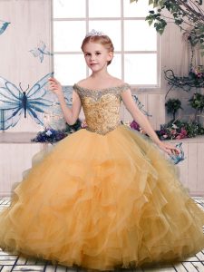  Tulle Off The Shoulder Sleeveless Lace Up Beading and Ruffles Kids Pageant Dress in Gold