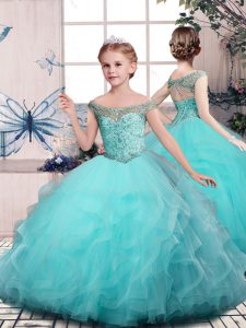 Beauteous Aqua Blue Sleeveless Floor Length Beading and Ruffles Lace Up Kids Formal Wear
