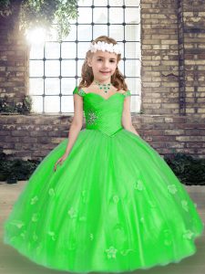  Green Straps Lace Up Beading and Hand Made Flower Little Girls Pageant Dress Sleeveless
