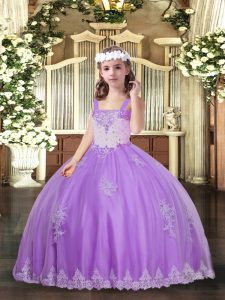 New Style Lavender Sleeveless Appliques Floor Length Child Pageant Dress