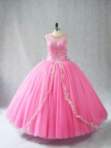  Scoop Sleeveless Lace Up 15th Birthday Dress Rose Pink Tulle