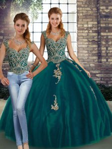  Floor Length Two Pieces Sleeveless Peacock Green 15th Birthday Dress Lace Up