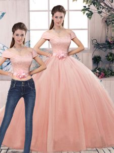 Smart Two Pieces Sweet 16 Quinceanera Dress Pink Off The Shoulder Tulle Short Sleeves Floor Length Lace Up