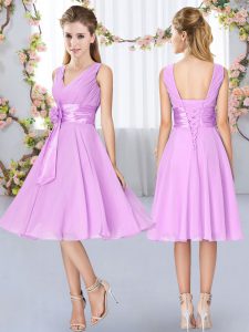  Lilac Empire Chiffon V-neck Sleeveless Hand Made Flower Knee Length Lace Up Dama Dress for Quinceanera