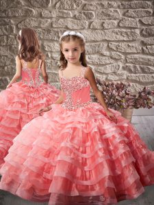  Brush Train Ball Gowns Child Pageant Dress Watermelon Red Straps Organza Lace Up