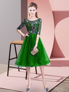  Empire Damas Dress Green Scoop Tulle Half Sleeves Knee Length Lace Up
