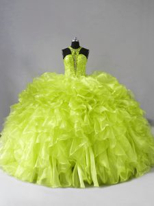 Comfortable Brush Train Ball Gowns Quinceanera Gown Yellow Green Halter Top Organza Sleeveless Zipper