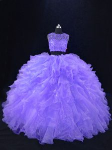  Lavender Zipper Scoop Beading and Ruffles Ball Gown Prom Dress Organza Sleeveless