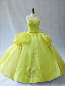 Affordable Ball Gowns Vestidos de Quinceanera Yellow Green Straps Organza Sleeveless Floor Length Lace Up